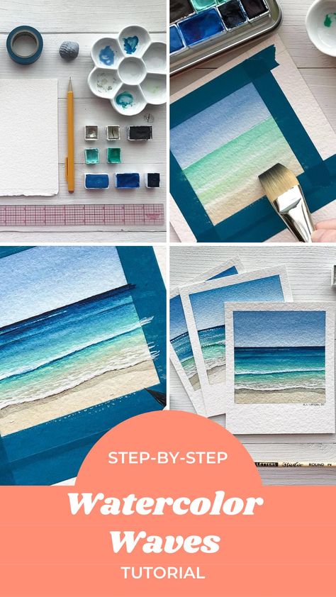 Art Ideas With Watercolor, Watercolor Beach Cards, Beach Watercolor Simple Tutorial, Watercolour Beach Tutorial, Watercolor Beach Tutorial Step By Step, Watercolour For Beginners Step By Step, Watercolor Art Beach Simple, Watercolor Art Landscape Mountain, Beach Watercolour Painting