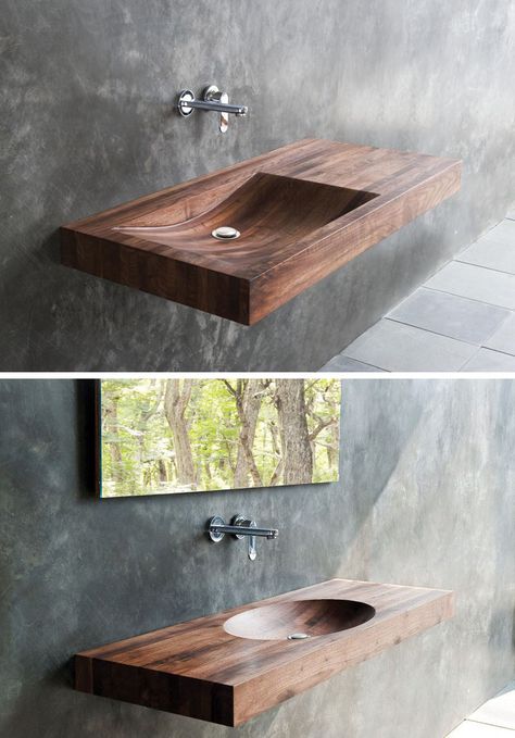 They’re also a great sink option if you’re looking to create a more spa-like atmosphere in your bathroom. The soft curves of the wood and the warm tones they bring in create a feeling of relaxed luxury – exactly what you want when you go to the spa. Wood Sink Diy, Wooden Sink, Luxury Bathroom Master, Bathroom Sink Design, Wood Sink, Modern Bathroom Sink, Wooden Bathroom, Sink Design, Trendy Bathroom