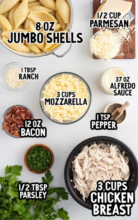 Chicken Alfredo Stuffed Shells raw ingredients that are labeled Alfredo Stuffed Shells, Chicken Alfredo Stuffed Shells, Chicken Stuffed Shells, Shells Recipe, Fast Dinner Recipes, Stuffed Shells Recipe, Dinner Recipes For Family, Tasty Pasta, Stuffed Pasta Shells