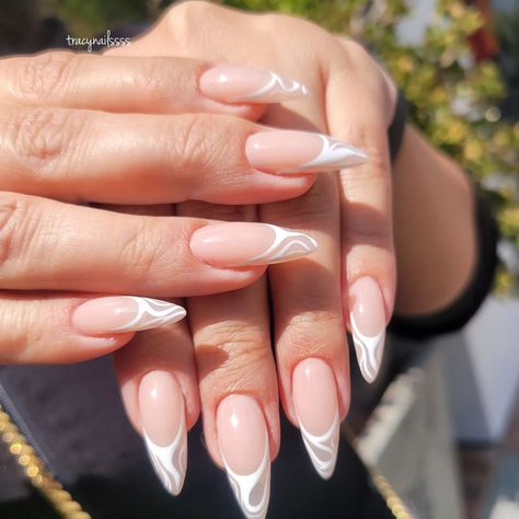 White Swirl Nails, Nail Ideas 2022, Almond Shaped Nails Designs, Swirl Nails, Spring Nail Ideas, Nail Trend, Almond Shape Nails, French Nail Designs, Glamorous Nails