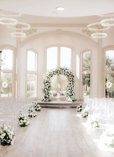 Inside Ceremony Decor Wedding Ideas, All White Ceremony Decor, Wedding Isles Ideas Indoor, Ceremony Aisle Decor Indoor, Wedding Aisle Indoor, Ceremony Decorations Aisle, Church Wedding Aesthetic, Inside Wedding Ceremony, Classy Wedding Ceremony