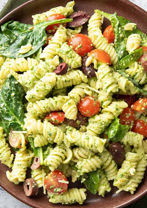 Pasta Pesto Salad, Basil Pesto Pasta Salad, Cesar Pasta Salad, Cold Pesto Pasta Salad, Kale Pasta Salad, Beaming Baker, Spinach Pesto Pasta, Potluck Food, Gluten Free Pasta Salad