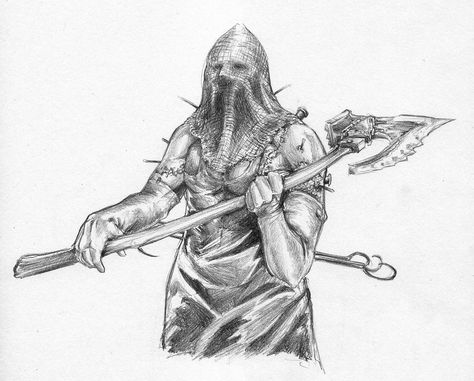 Pencil drawing of the executioner from resident evil. #devianart Medieval Executioner, Evil Drawings, Resident Evil Monsters, Resident Evil Tattoo, Monster Tattoo, Concept Draw, Instagram Username Ideas, Devian Art, The Grim