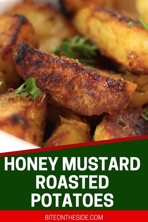 When you are looking to fancy up your potato side dish, these honey mustard roasted potatoes tick all of the right boxes! With a subtle sweet and tangy flavor that doesn't overpower the rest of your meal, they come out perfectly crispy and golden brown and fluffy in the middle. Dijon Roasted Potatoes, Honey Mustard Roasted Potatoes, Honey Mustard Potatoes, Honey Roasted Potatoes, Mustard Roasted Potatoes, Roasted Yukon Gold Potatoes, Cook Vegetables, Potato Side Dish, Roasted Red Potatoes