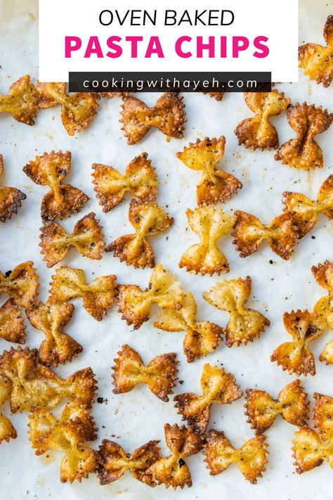 Pasta Chips is the latest food trend on TikTok. They are the perfect crunchy snack, easily made in the air fryer or baked in the oven Snacks To Replace Chips, Crispy Pasta Chips Oven, Pasta Chips Without Air Fryer, Crunchy Pasta Snack, Oven Snacks Recipes, Pasta Chips Oven Baked, Pasta Snacks Appetizers, Snacks Instead Of Chips, Homemade Crunchy Snacks