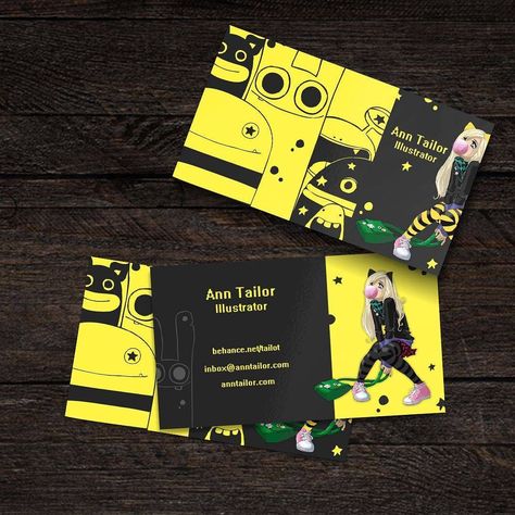 Yellow comic con business cards for an illustrator. Business Cards For Illustrators, Animation Business Cards, Artist Business Cards Design, Illustration Business Cards, Yellow Business Card, Unique Business Cards Design, Art Business Cards, Portfolio Art, Graphic Design Business Card