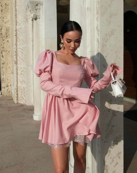 Frill Mini Dress, Feminine Elegance, Pink Mini Dress, Mini Bodycon Dress, Bandage Dress Bodycon, Light Pink Color, Gothic Dress, Long Puff Sleeves, Crop Top Blouse