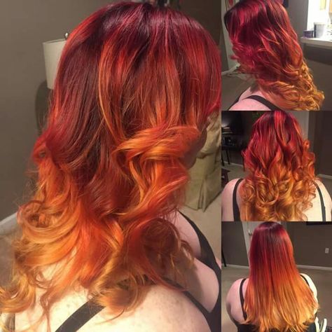 Fire Hair Aesthetic, Fire Hair Color Ombre, Red To Orange Ombre Hair, Fire Hair Dye, Calcifer Cosplay, Sunset Ombre Hair, Hairdye Ideas, Fire Ombre Hair, Fire Hair Color