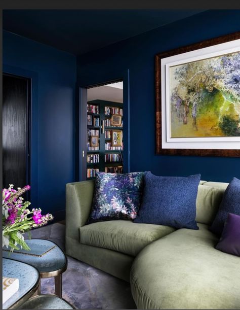 Green Walls Blue Sofa, Room Ideas Blue Walls, Living Room Ideas Blue, Green Sofa Living Room Ideas, Room Ideas Blue, Sofa Living Room Ideas, Green Sofa Living, Green Sofa Living Room, 1930s House