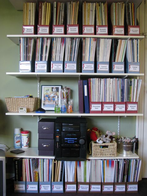 Spring Cleaning - Pianimation.com Fire Bob, Music Room Storage, Sheet Music Storage, Room Library Ideas, Music Room Organization, Music Studio Ideas, Piano Teaching Ideas, Piano Pedagogy, Music Organization