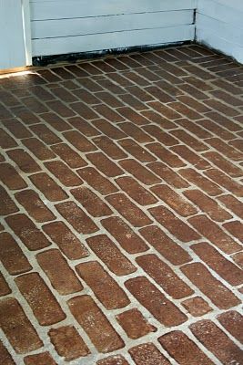 Make a faux brick floor using a sponge and stain! Here are step-by-step instructions. Faux Brick Flooring, Red Wood Stain, Stained Brick, Stain Concrete, Brick Floor, Remove Paint, Virginia Homes, Faux Brick, Brick Flooring