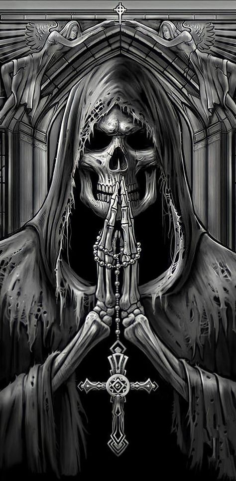 Angel Warrior Tattoo, Reaper Drawing, Black Skulls Wallpaper, Evil Skull Tattoo, Grim Reaper Tattoo, Reaper Tattoo, Grim Reaper Art, Skull Art Drawing, Skull Pictures