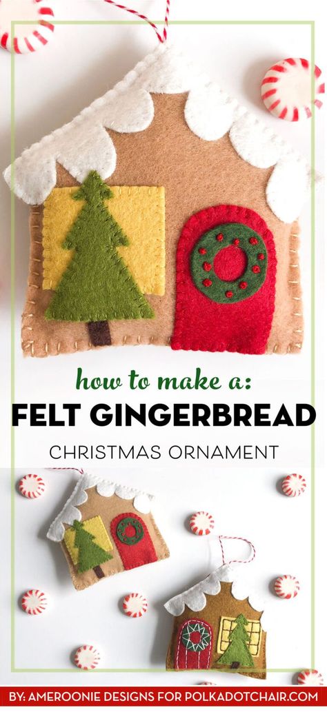 How to make cute felt gingerbread house ornaments. A free tutorial. #embroidery #Christmas Felt Gingerbread House, Gingerbread House Ornaments, House Christmas Ornaments, Felt Gingerbread, Diy Felt Christmas Ornaments, Gingerbread House Christmas, Felt Ornaments Patterns, Felt Christmas Stockings, Christmas Stockings Diy