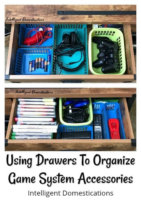 Using drawers to organize game system accessories and supplies. How I organized our game system accessories with drawers on a TV console. Video Game Console Organization, Game System Organization, Game Console Organization, Organize Planner, Video Game Organization, Controller Storage, Video Game Storage, Video Game Controllers, Organizing Wires