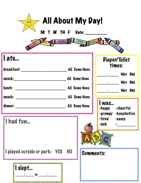 "All About My Day" Toddler Report Sheet for Nanny  ***I made this on pages Preschool Daily Sheet, Preschool Daily Report, Daycare Daily Sheets, Daycare Printables, Daycare Setup, Nanny Activities, Daycare Lesson Plans, Daycare Business Plan, Infant Daycare