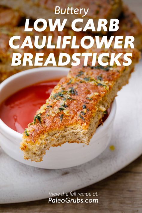 Buttery Garlic Cauliflower Breadsticks - Paleo Grubs Paleo Cauliflower Recipes, Rp Strength, Cauliflower Breadsticks, Garlic Cauliflower, Paleo Cauliflower, Cauliflower Bread, Gluten Free Sides, Paleo Baking, Bread Bun