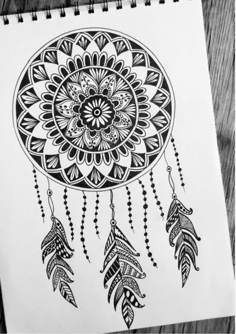 Dreamcatcher Mandala Art, Line Artwork Pattern, Mandala Dreamcatcher Drawing, Dreamcatcher Drawing Easy, Zentangle Dreamcatcher, Dreamcatcher Doodle, Doodle Mandala Art Simple, Dream Catcher Mandala Art, Doodle Art Black And White