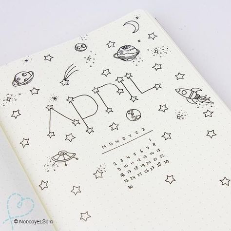 April Spreads Bullet Journal, Space Theme Journal, Bujo Space Theme, Bullet Journal Space Theme, Space Themed Bullet Journal, Space Bullet Journal, Space Bujo, Bullet Journal Header Ideas, August Spread