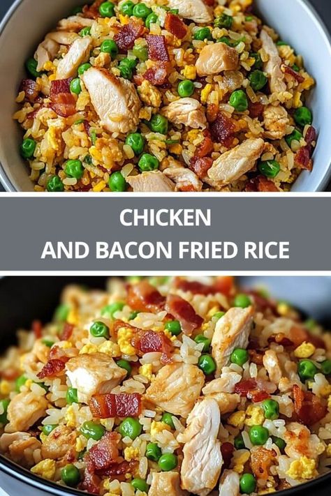 Chicken And Bacon Fried Rice Chicken Bacon Rice Recipes, Bacon Fried Rice Recipe Easy, Chicken And Bacon Fried Rice, Bacon Fried Rice, Bacon Fried Rice Recipe, Macro Friendly Chicken Fried Rice, Bacon Rice, Stir Fry With Egg, Baked Beans With Bacon