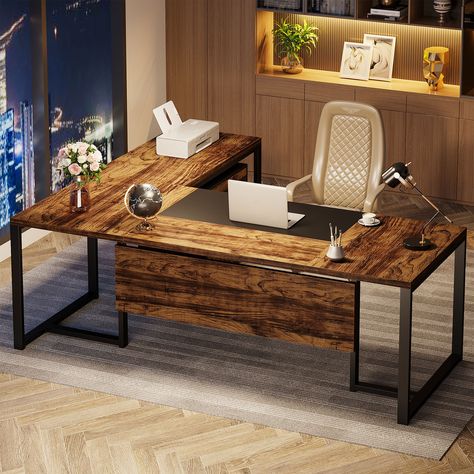 17 Stories Trisca 70.8" W L-Shaped Executive Desk with Storage Cabinet | Wayfair Large L Shaped Desk, L Shaped Desk With Storage, L Shaped Executive Desk, Comfortable Workspace, File Cabinet Desk, Computer Desks For Home, Executive Office Desk, Home Office Furniture Desk, Business Furniture