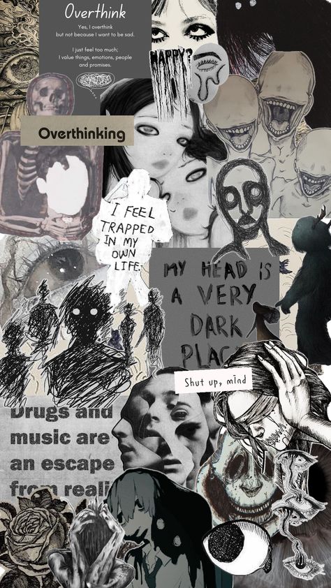 "An intricate collage capturing the essence of overthinking, blending chaotic thought patterns with intricate details, symbolizing the constant mental tapestry that weaves through the mind's labyrinth." Aesthetic Overthinking, Ghibli Background, Chaotic Mind, Textiles Sketchbook, Studio Ghibli Background, Design Collage, Mind Thoughts, Fantasy Names, Thought Patterns