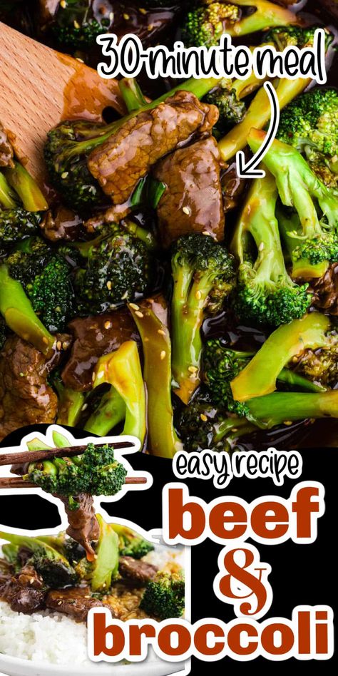 This is THE beef and broccoli recipe that will satisfy all of your take-out cravings. Tender seared strips of beef and crisp bites of broccoli coated in a deliciously sweet and savory sauce. Cheesy Beef And Broccoli, Panda Express Beef And Broccoli, Beef Broccoli Recipe, Easy Chinese Food, Healthy Beef And Broccoli, Beef And Broccoli Recipe, Broccoli Crowns, 30 Minute Meals Easy, Steamed White Rice