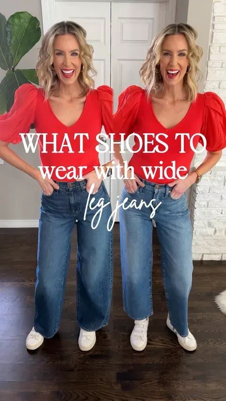 Wondering what shoes to wear with wide leg jeans? I’ve got you covered with this post! Sharing a great full length wide leg jean and a cropped wide leg jean plus shoes and outfits for each!!     #LTKfindsunder100 #LTKstyletip Wide Leg Jeans Outfit Teacher, Straight Jeans Shoes, Trouser Jeans Outfit Work, Full Length Wide Leg Jeans Outfit, Styling Wide Leg Cropped Jeans, Shoes To Wear With Cropped Jeans, How To Style Wide Leg Cropped Jeans, Wide Leg Denim Jeans Outfit, Wide Leg Jeans Outfit With Sneakers