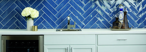 Mardi Blue 3x12 Blue Herringbone Tile, Dark Blue Kitchen Cabinets, Blue Backsplash Kitchen, Herringbone Tiles, Dark Blue Kitchens, Virginia Tile, Bold Kitchen, Blue Backsplash, Bath Tile