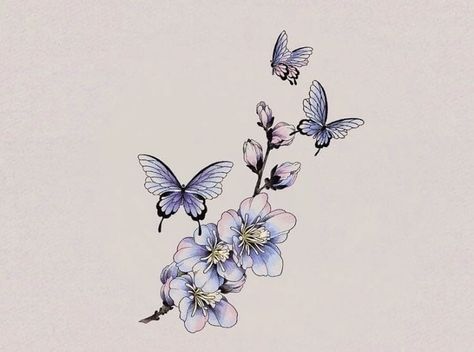 Purple Cherry Blossom Tattoo, Butterfly Tattoo With Cherry Blossoms, Hydrangea And Butterfly Tattoo, Butterfly And Orchid Tattoo, Purple Butterfly Tattoo, Butterfly With Flowers Tattoo, Tiny Bird Tattoos, Colour Tattoo For Women, Butterfly Tattoo Stencil