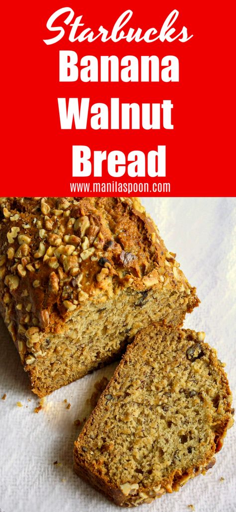 Starbucks Banana Walnut Bread Recipe (real deal!) - now all you need is some coffee or tea to enjoy this moist and scrumptious bread! Banana Bread Recipe Starbucks, Starbucks Bread, Banana Walnut Bread Recipe, Starbucks Banana, Walnut Bread Recipe, Banana Buttermilk, Banana Walnut Bread, Walnut Bread, Banana Walnut