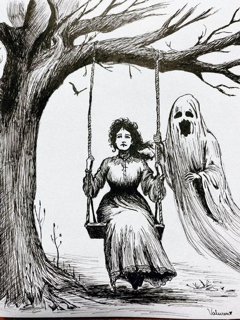 My Beloved Ghost And Me, Surrealism Drawing Dark, Scary Tree Drawing, Ghost Drawing Aesthetic, Ghost Drawing Ideas, Mysterious Drawings, Halloween Ghost Drawing, Scary Halloween Drawings, Ghost Sitting