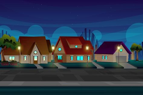 Cartoon Neighborhood Background, Cartoon Background City, Cartoon Night Background, Cartoon Background House, Houses Background, Pokemon Towns, Night Village, Jungle Cartoon, Free Green Screen Backgrounds