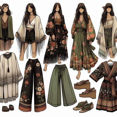 Boho Wardrobe Capsule, Boho Outfits Black, Bohemian Capsule Wardrobe, Modern Hippie Outfits, Cottagecore Closet, Drawing Outfits, Boho Fits, Beige Flowers, Modern Clothes