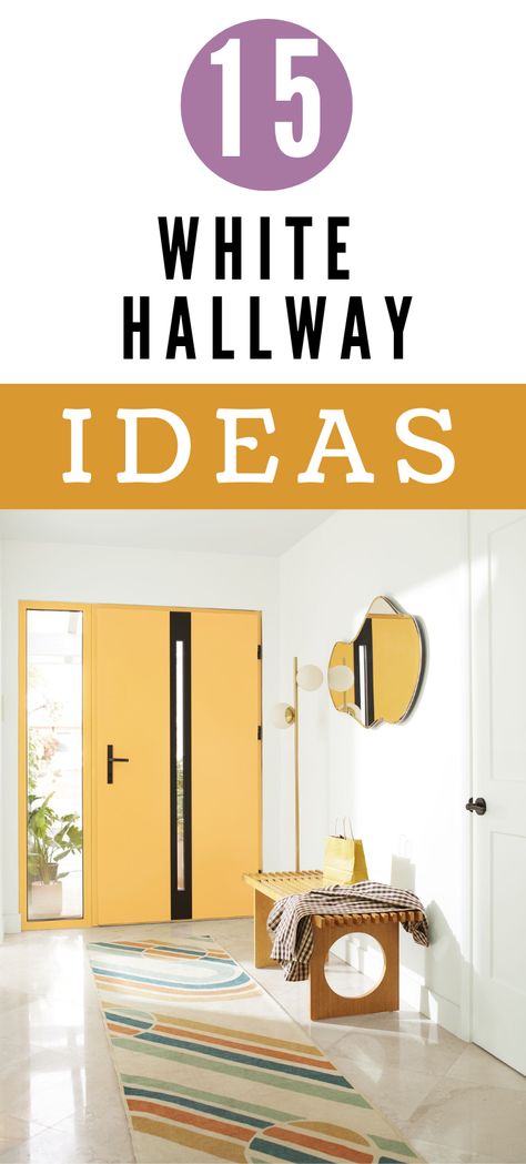 15 best white hallway ideas, white hallway in image has a yellow front door with mirror on the wall and a bench beneath it. There is a colourful long floor runner rug on the floor. All White Hallway, White Hallways, Modern Hallway Decor, White Hallway Ideas, Hallway Styling, Hall Ways Ideas, White Hallway, White Spaces, Hallway Colours