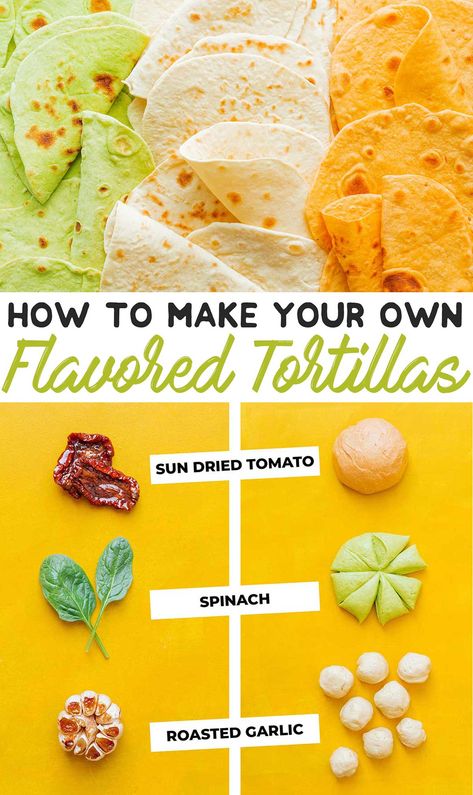 Did you know you can make your own flavored tortillas? Not only is it insanely easy, but the flavor possibilities are endless. Today we're making spinach, sun dried tomato, and roasted garlic flour tortillas! Homemade wraps and sandwich have never been so tasty. #mexicanfood #baking #tortillas #vegetarian Flavored Tortillas, Tortillas Homemade, Homemade Wraps, Recipes Tuna, Recipes Spaghetti, Loin Recipes, Recipes Broccoli, Recipes With Flour Tortillas, Recipes Rice