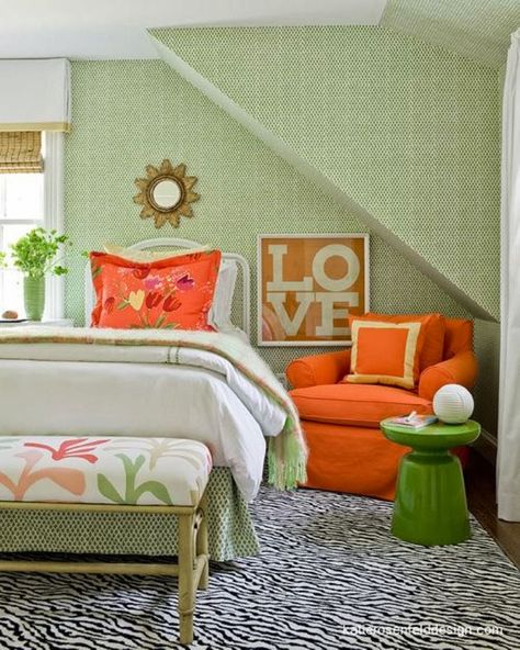 ciao! newport beach: LOVE let me count the ways Orange Bedroom Decor, Transitional Bedroom, Bedroom Orange, Green Walls, Green Rooms, Bedroom Green, Retro Home Decor