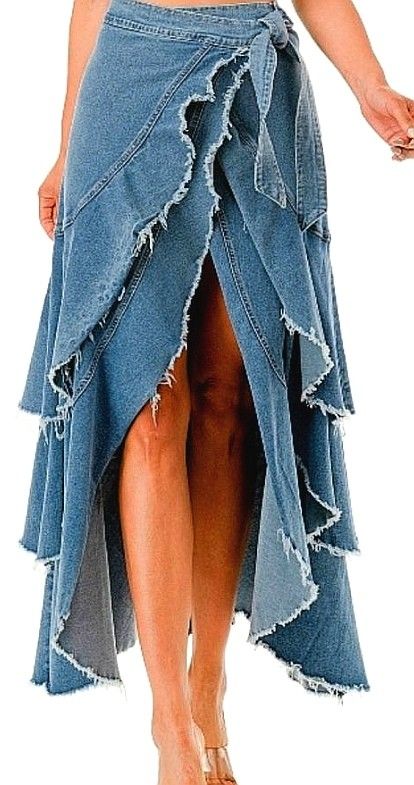 Diy Denim Dress, Upcycled Denim Fashion, Ruffle Jean Skirt, Denim Ruffle Skirt, Upcycled Items, Denim Ruffle Dress, Jean Purses, Upcycled Jeans, Upcycled Dress