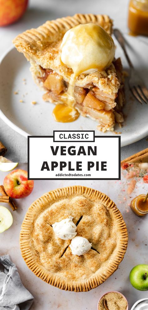 apple pie with scoops of vanilla ice cream and caramel sauce on top. Dairy Free Apple Pie, Vegan Apple Pie Crust, Dairy Free Pie, Vegan Pies, Vegan Apple Pie Filling, Vegan Apple Pie Recipe, Dairy Free Pies, Deep Dish Apple Pie, Apple Pie Crust