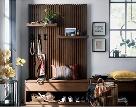 wood slat entry bench w/ shelves // fort & field Oak Storage Bench, Wood Slat Wall, Entryway Storage, Inspire Me Home Decor, Bench With Shoe Storage, Wooden Bench, Slat Wall, Wood Slats, House Entrance