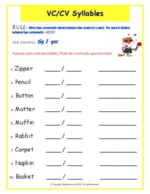 Worksheet | VC/CV Syllables | Separate each word into syllables. Write the same word in the space provided. Syllables Worksheets For Kindergarten, Syllable Worksheet For Grade 1, Syllables Worksheet, Open Syllables Worksheets, Closed Syllables Worksheet, Syllabication Worksheets, What Is A Syllable, Vccv Syllable Anchor Chart, Syllables Kindergarten