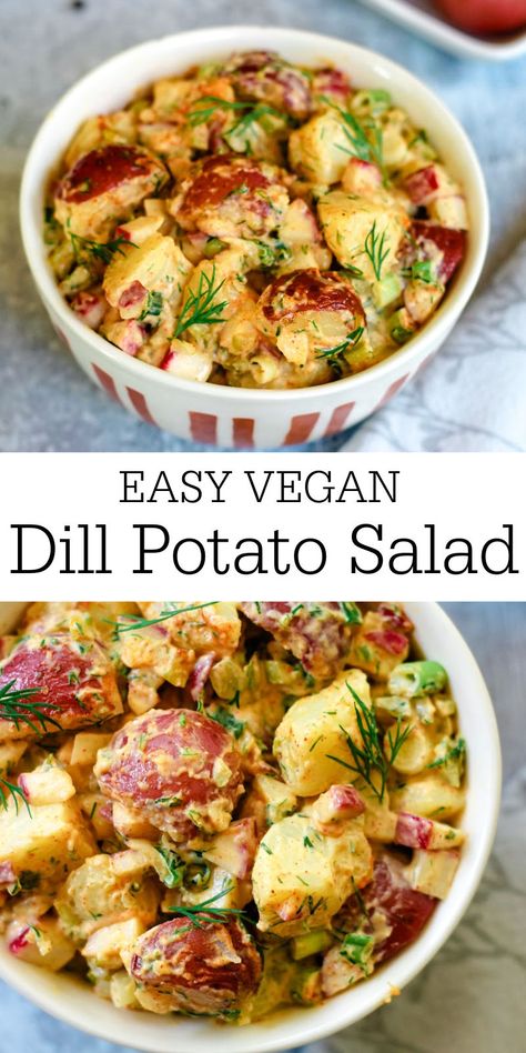 This easy creamy vegan dill potato salad is perfect for your BBQ cookouts and picnics. You'll love its vibrant flavors from fresh dill and crunchy spring vegetables. Potato Salad With Dill, Dill Potato Salad, Dill Potato, Vegan Potato Salad, Salad With Dill, Potato Salad Dill, Dill Potatoes, Potato Salad Recipe Easy, Vegan Potato Salads