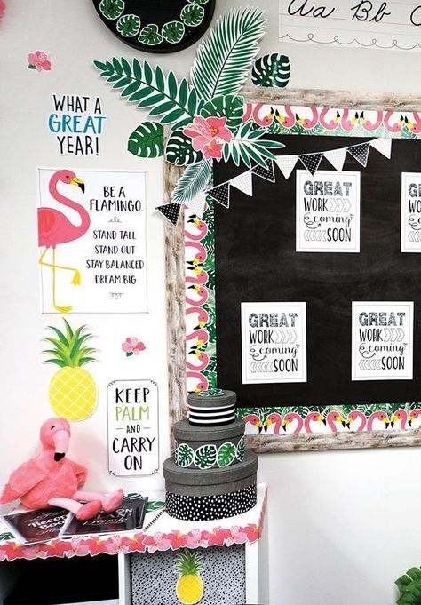 Flamingo Classroom, Pineapple Classroom, Safari Classroom, Beach Classroom, Tropical Classroom, Beach Theme Classroom, Teaching Classroom Decor, Pineapple Theme, Classroom Bulletin Board