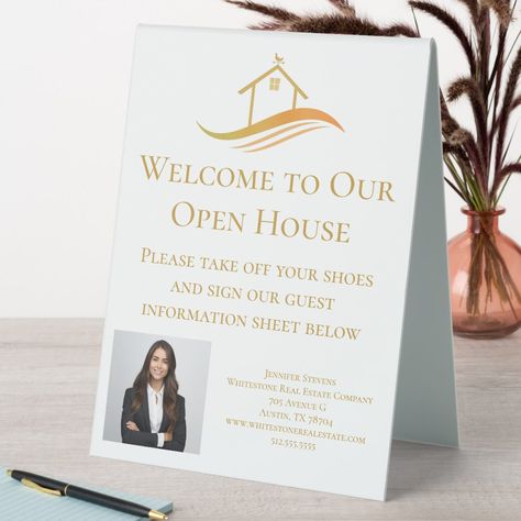 Custom Real Estate Company Open House Gold Table Tent Sign Modern Welcome Sign, Gold House, Open House Signs, House Image, Table Tents, House Signs, Logo Real, Take Off Your Shoes, Real Estate Company