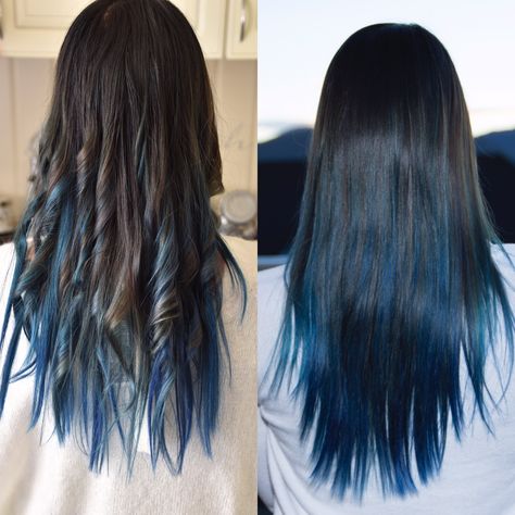 Dark brown in the top , and diffrent blue color in bottom Teal Braids, Blue Hair Underneath, Denim Blue Hair, Blue Brown Hair, Blue Underneath, Teal Hair Color, Dark Hair Dye, Blue Hair Highlights, Pastel Blue Hair