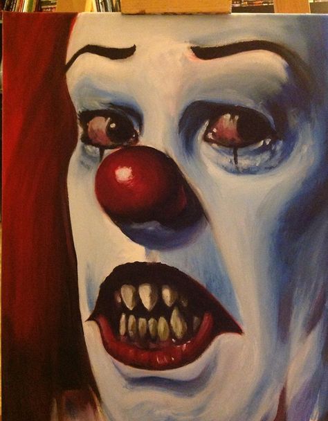 pennywise, it ,  instagram @needlesrejects Horror Oil Pastel Art, Terrifier Painting, Creepy Painting Ideas, Horror Painting Ideas, Pennywise Painting, Pennywise Drawing, Horror Painting, Creepy Paintings, Clown Paintings