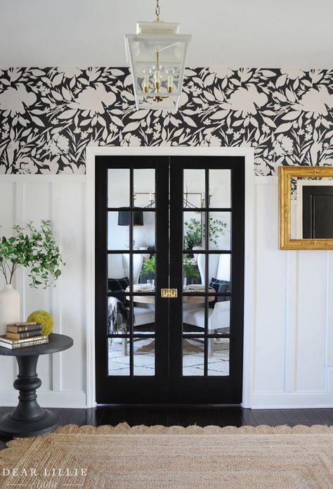 Floral Wallpaper With Board And Batten, High Board And Batten Wall, Wallpaper Entryway Ideas, Board And Batten Wall Design, Foyer Accent Wall Entryway, Batten And Wallpaper, Board And Batten Wall With Wallpaper, Black And White Hallway Ideas, Board And Batten And Wallpaper