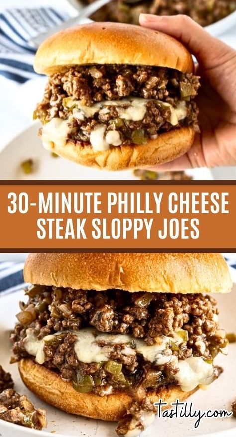 These are not your classic Sloppy Joes. Philly Cheese Steaks Sloppy Joes are a delicious cheesy twist on the original that your family will love. All the ingredients used in the regular sandwiches, but using ground beef! Philly Cheese Steak Sloppy Joes, Cheese Steak Sloppy Joes, Philly Cheesesteak Sloppy Joes, Philly Cheese Steak Sandwich, Steak Sandwiches, Cheese Steak Sandwich, Joe Recipe, Sloppy Joes Recipe, Cheese Steak