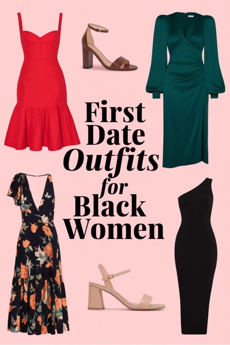 Fashion collection of elegant dresses and shoes for first date outfits. Date Dress Ideas, First Date Outfit Ideas, Perfect First Date, Outfits For Black Women, First Date Outfit, Olive Green Midi Dress, Outfit Ideas For Black Women, Date Outfit Ideas, Red Wrap Dress