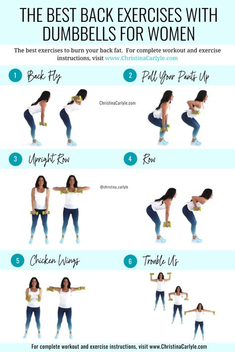 The best back fat Exercises with dumbbells for women that really work. Together these back exercises make a quick and easy Workout you can do at home or the gym. It\'s perfect for beginners and busy women that want to get rid of back fat. https://www.christinacarlyle.com/back-exercises-dumbbells-women/ Back Exercises With Dumbbells, Exercises With Dumbbells, Dumbbell Back Workout, Back Exercise, Back Workout Women, Good Back Workouts, Holistic Fitness, Dumbell Workout, Back Fat Workout