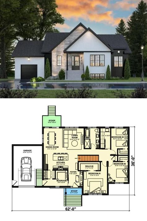 1,500 Sq Ft Single-Story New American Ranch House Plan with 3 Bedrooms and Open Living Area Living Area Floor Plan, American Ranch House, 500 Sq Ft House Plans, Bedroom Ranch Style, 500 Sq Ft House, Mansion Floor Plans, 1 Story House, Vertical Siding, Basement Floor Plans